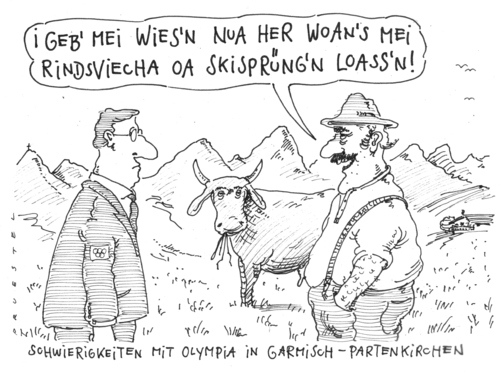 Cartoon: bayrische probleme (medium) by Andreas Prüstel tagged olympiaberwebung,münchen,winterspiele,störrischebauern,olympiabewerbung,münchen,winterspiele,bauer,olympiade,olympia,sport