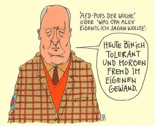 Cartoon: befremdung (medium) by Andreas Prüstel tagged alexander,gauland,afd,npd,spruch,slogan,rechtspopulismus,neonazis,fremdenfeindlichkeit,fremdenhass,flüchtlinge,überfremdung,toleranz,cartoon,karikatur,andreas,pruestel,alexander,gauland,afd,npd,spruch,slogan,rechtspopulismus,neonazis,fremdenfeindlichkeit,fremdenhass,flüchtlinge,überfremdung,toleranz,cartoon,karikatur,andreas,pruestel