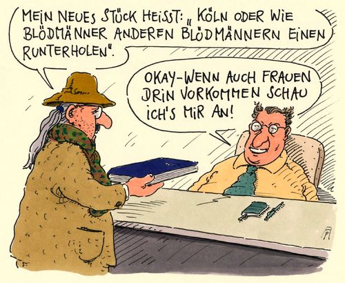 Cartoon: blöd und blöd (medium) by Andreas Prüstel tagged köln,silvesternacht,übergriffe,ausländer,sylanten,flüchtlinge,straftaten,neonazis,rechtsradikale,fremdenhass,theaterstück,dramatiker,verlag,cartoon,karikatur,andreas,pruestel,blöd,köln,silvesternacht,übergriffe,ausländer,sylanten,flüchtlinge,straftaten,neonazis,rechtsradikale,fremdenhass,theaterstück,dramatiker,verlag,cartoon,karikatur,andreas,pruestel