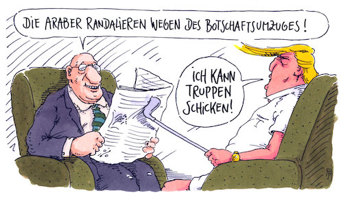 Cartoon: botschaftsumzug (medium) by Andreas Prüstel tagged usa,trump,israel,botschaftsumzug,palestinenser,araber,nahost,konfliktanheizung,cartoon,karikatur,andreas,pruestel,usa,trump,israel,botschaftsumzug,palestinenser,araber,nahost,konfliktanheizung,cartoon,karikatur,andreas,pruestel