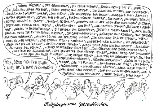Cartoon: buchschenkorgie (medium) by Andreas Prüstel tagged islamisten,koran,koranverschenkung,islam,bücher,koran,islamisten,islam,bücher