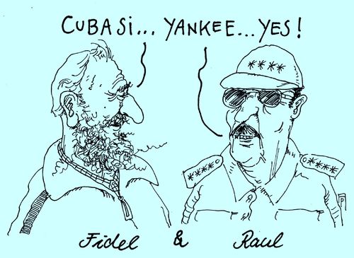 Cartoon: castros (medium) by Andreas Prüstel tagged cuba,usa,diplomatische,beziehungen,fidel,raul,castro,slogan,yankees,cartoon,karikatur,andreas,pruestel,cuba,usa,diplomatische,beziehungen,fidel,raul,castro,slogan,yankees,cartoon,karikatur,andreas,pruestel