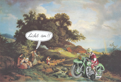 Cartoon: das ende der romantik (medium) by Andreas Prüstel tagged romantik,malerei,ludwig,richter,blechspielzeug,motorrad,collage,romantik,malerei,ludwig,richter,blechspielzeug,motorrad,collage