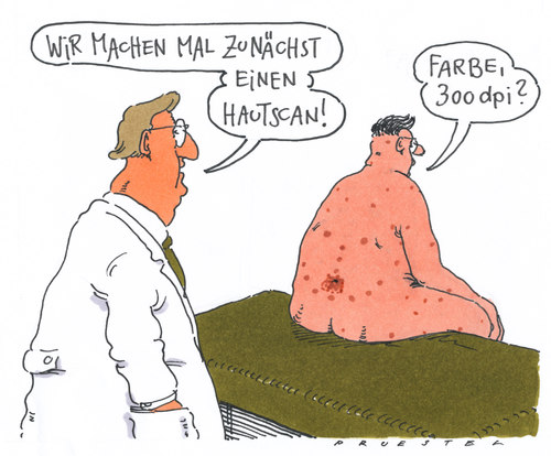 Cartoon: dermatologisch (medium) by Andreas Prüstel tagged hautarzt,hautscan,hautveränderungen,hautarzt,hautscan,hautveränderungen,arzt,patient,krankheit,gesundheit