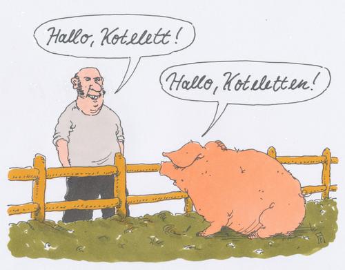 Cartoon: dialog (medium) by Andreas Prüstel tagged landwirtschaft,tierhaltung,schwein,schweinefleisch,ernährung,kotelett,koteletten,cartoon,karikatur,andreas,pruestel,landwirtschaft,tierhaltung,schwein,schweinefleisch,ernährung,kotelett,koteletten,cartoon,karikatur,andreas,pruestel