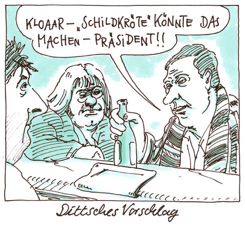 Cartoon: dittsches vorschlag (medium) by Andreas Prüstel tagged grillstation,schildkröte,franzjarnach,jonflemmingolsen,ollodietrich,hamburgeppendorf,bundespräsident,tv,dittsche,tv,bundespräsident