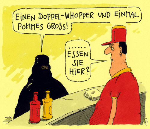 Cartoon: doppel-whopper (medium) by Andreas Prüstel tagged fast,food,whopper,doppelwhopper,burger,burka,muslima,islam,cartoon,karikatur,andreas,pruestel,fast,food,whopper,doppelwhopper,burger,burka,muslima,islam,cartoon,karikatur,andreas,pruestel