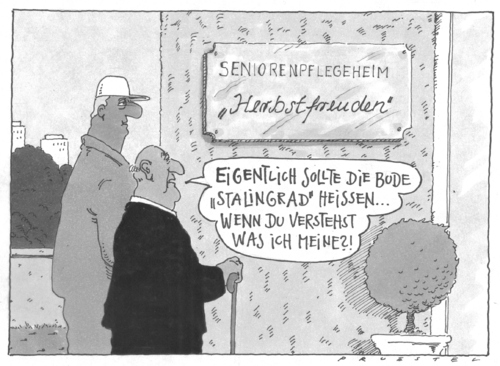 Cartoon: eigentlich (medium) by Andreas Prüstel tagged alter,pflege,senioren,pflegeheim,stalingrad,alter,pflege,senioren,pflegeheim,stalingrad,alt,opa,großeeltern,heim,wohnen,rentenempfänger,rentner,gesundheit