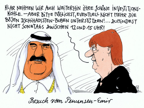 Cartoon: emir katar (medium) by Andreas Prüstel tagged emir,katar,staatsbesuch,angela,merkel,investitionen,deutschland,dchihadisten,is,cartoon,karikatur,andreas,pruestel,emir,katar,staatsbesuch,angela,merkel,investitionen,deutschland,dchihadisten,is,cartoon,karikatur,andreas,pruestel