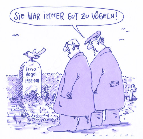 Cartoon: erna vogel (medium) by Andreas Prüstel tagged tod,friedhof,hinterbliebene,vögel,vögeln,grabstein,tierliebe,tod,friedhof,hinterbliebene,vögel,vögeln,grabstein,tierliebe