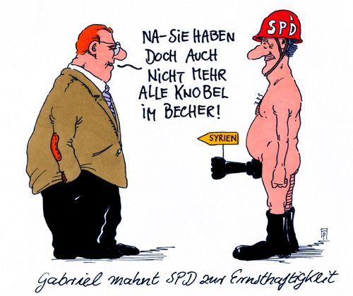 Cartoon: ernsthaft spd (medium) by Andreas Prüstel tagged spd,parteitag,ernsthaftigkeit,gabriel,bundeswehr,krieg,syrieneinsatz,cartoon,karikatur,andreas,pruestel,spd,parteitag,ernsthaftigkeit,gabriel,bundeswehr,krieg,syrieneinsatz,cartoon,karikatur,andreas,pruestel