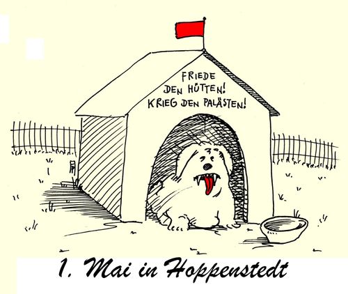 Cartoon: erster mai (medium) by Andreas Prüstel tagged pruestel,andreas,karikatur,cartoon,arbeiterfahne,hundehütte,hund,proletariat,hoppenstedt,mai,erster,erster,mai,hoppenstedt,proletariat,hund,hundehütte,arbeiterfahne,cartoon,karikatur,andreas,pruestel