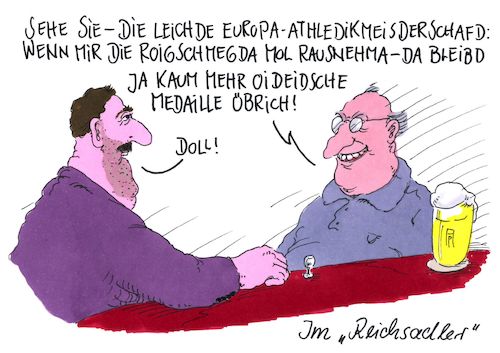 Cartoon: europameisterschaft (medium) by Andreas Prüstel tagged leichtathletikeuropameisterschaft,deutsche,medaillengewinner,migrationshintergrund,schwäbisch,cartoon,karikatur,andreas,pruestel