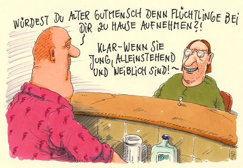 Cartoon: flüchtlingsaufnahme (medium) by Andreas Prüstel tagged flüchtlingswelle,flüchtlinge,asyl,asylanten,aufnahme,private,initiative,gutmensch,hilfe,cartoon,karikatur,andreas,pruestel,flüchtlingswelle,flüchtlinge,asyl,asylanten,aufnahme,private,initiative,gutmensch,hilfe,cartoon,karikatur,andreas,pruestel