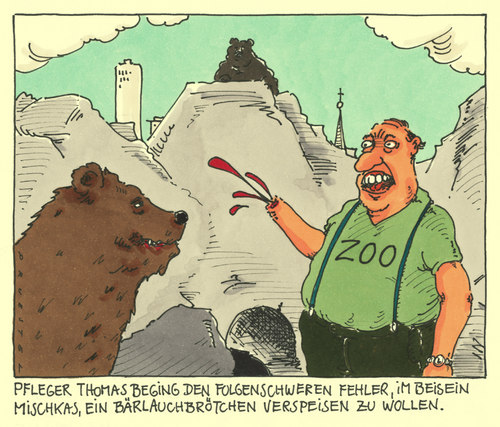 Cartoon: folgenschwer (medium) by Andreas Prüstel tagged bär,bärlauchbrötchen,bärlauch,zoo,tierpfleger,bär,bärlauchbrötchen,bärlauch,zoo,tierpfleger,tiere,essen,job,arbeit,beruf