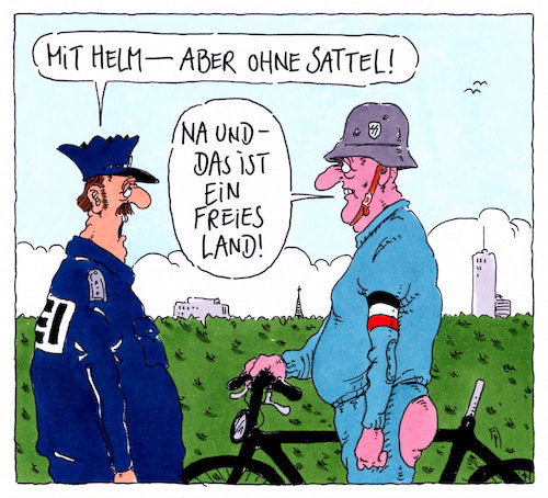 Cartoon: freies land (medium) by Andreas Prüstel tagged fahrrad,fahrradfahrer,polizei,helm,neonazi,cartoon,karikatur,andreas,pruestel,fahrrad,fahrradfahrer,polizei,helm,neonazi,cartoon,karikatur,andreas,pruestel