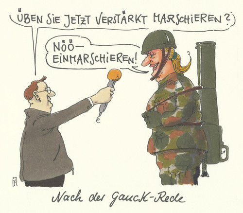 Cartoon: gauckrede (medium) by Andreas Prüstel tagged bundespräsident,gauck,rede,sicherheitskonferenz,münchen,bundeswehr,auslandseinsätze,internationale,präsenz,cartoon,interview,soldatin,marschieren,einmarschieren,karikatur,andreas,pruestel,bundespräsident,gauck,rede,sicherheitskonferenz,münchen,bundeswehr,auslandseinsätze,internationale,präsenz,cartoon,interview,soldatin,marschieren,einmarschieren,karikatur,andreas,pruestel