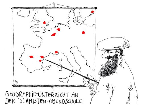 Cartoon: geographie (medium) by Andreas Prüstel tagged terroranschläge,spanien,barcelona,cambrils,islamisten,is,abendschule,geographie,nizza,paris,london,madrid,brüssel,berlin,stockholm,cartoon,karikatur,andreas,pruestel,terroranschläge,spanien,barcelona,cambrils,islamisten,is,abendschule,geographie,nizza,paris,london,madrid,brüssel,berlin,stockholm,cartoon,karikatur,andreas,pruestel