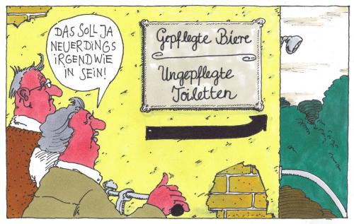 Cartoon: Gepflegte Biere (medium) by Andreas Prüstel tagged bier,getränke,bar,kneipe,toiletten,bier,alkohol,alkoholismus,durst,fusel,genussmittel,hochprozentiges,promille,rausch,säufer,spiritus,spirituose,trend,mode,modeerscheinung,sauberkeit,hygiene,reinheit,toilette,wc,bad,klo,ungepflegt,gepflegt