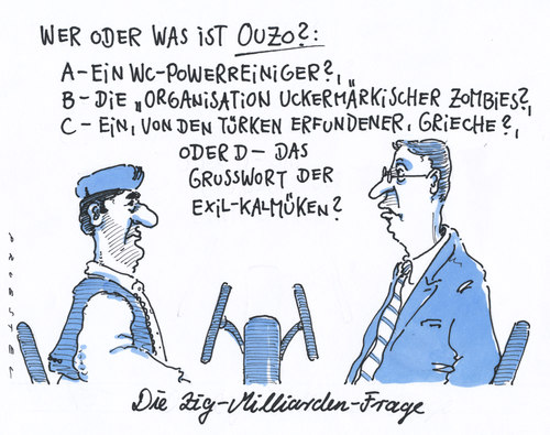 Cartoon: griechische frage (medium) by Andreas Prüstel tagged staatsverschuldung,griechenland,rettungsschirm,günterjauch,tv,volksbefragung,griechenland,staatsverschuldung,rettungsschirm,günter jauch,tv,günter,jauch