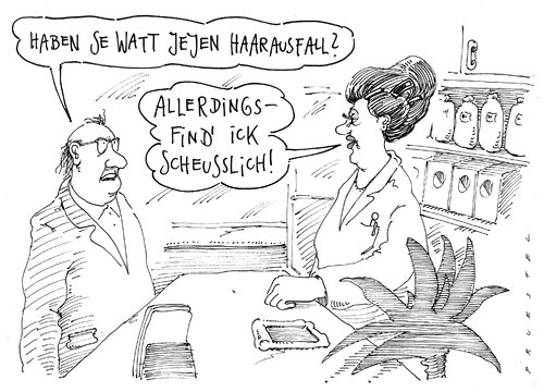 Cartoon: haarausfall (medium) by Andreas Prüstel tagged apotheke,apothekerin,kunde,haarauasfall,apotheke,apothekerin,kunde,haarausfall,haare