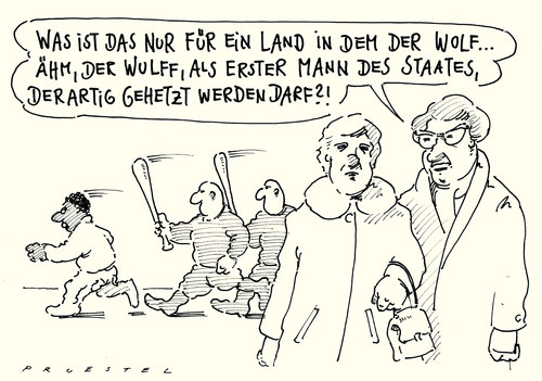 Cartoon: hetzjagd (medium) by Andreas Prüstel tagged bundespräsident,wulff,medien,volksmeinung,neonazis,fremdenhass,bundespräsident,wulff,medien,volksmeinung
