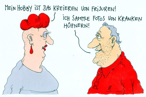 Cartoon: hobbys (medium) by Andreas Prüstel tagged hobby,hühner,frisur,kreation,kreieren,cartoon,karikatur,andreas,pruestel,hobby,hühner,frisur,kreation,kreieren,cartoon,karikatur,andreas,pruestel