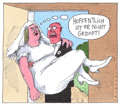 Cartoon: hochzeit (medium) by Andreas Prüstel tagged doping,heiratsritual,doping,amphetamine,anabolika,antidopingkontrolle,athletik,blutdoping,blutprobe,dopingskandal,dopingtest,gefängnisstrafe,steroide,sport,pharmaindustrie,etappenrennen,fahrradrennen,radsport,testosteron,tour de france,wachstumshormone,hochzeit,liebe,heirat,ehefrau,ehemann,braut,bräutigam,schwelle,tragen,schleppen,last,gewicht,übergewicht,heiratsritual,ritual,sitte,brauch,dick,fett,ernährung,nahrung,gesundheit,tour,de,france