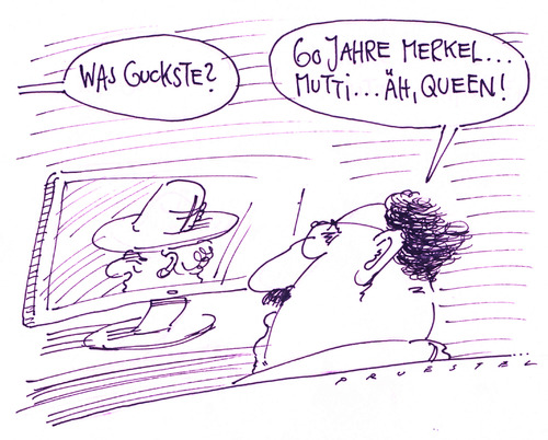Cartoon: jahrzehntelang (medium) by Andreas Prüstel tagged queen,thronjubiläum,merkel,muttis,queen,thronjubiläum