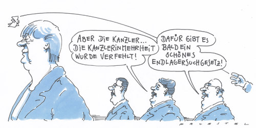 Cartoon: kanzlerinmehrheit (medium) by Andreas Prüstel tagged griechenlandhilfe,abstimmung,bundestag,gorleben,endlager,endlagersuchgesetz,angela,merkel,philipp,rösler,sigmar,gabriel,peter,altmaier,cdu,fdp,spd,griechenlandhilfe,abstimmung,bundestag,gorleben,endlager,endlagersuchgesetz,angela,merkel,philipp,rösler,sigmar,gabriel,peter,altmaier,cdu,fdp,spd