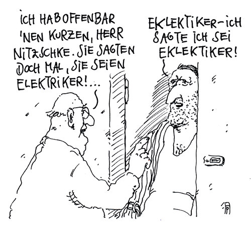 Cartoon: kleines missverständnis (medium) by Andreas Prüstel tagged missverständnis,elektriker,eklektiker,philosophie,philosoph,nachbarn,cartoon,karikatur,andreas,pruestel,missverständnis,elektriker,eklektiker,philosophie,philosoph,nachbarn,cartoon,karikatur,andreas,pruestel