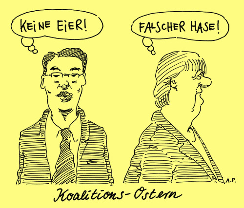 Cartoon: koalitions-ostern (medium) by Andreas Prüstel tagged fdp,cdu,rösler,merkel,ostern,fdp,cdu,rösler,merkel,ostern