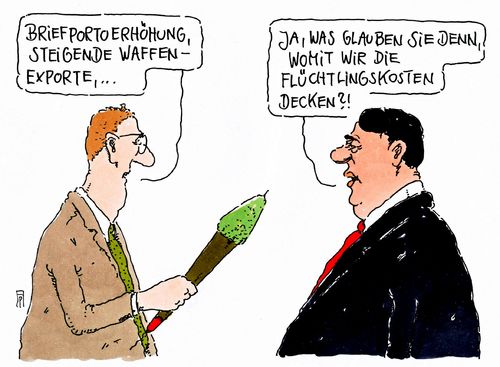 Cartoon: kosten decken (medium) by Andreas Prüstel tagged flüchtlingszustrom,finanzierung,waffenexporte,briefportoerhöhung,wirtschaftsminister,gabriel,cartoon,karikatur,andreas,pruestel,flüchtlingszustrom,finanzierung,waffenexporte,briefportoerhöhung,wirtschaftsminister,gabriel,cartoon,karikatur,andreas,pruestel