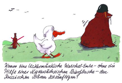 Cartoon: krimkrise (medium) by Andreas Prüstel tagged krimkrise,krimkonflikt,russland,ukraine,diplomatie,krisenentscharfung,merkel,gerhard,schröder,bierflasche,niedersachsen,uckermark,ente,watschelente,bär,putin,besänftigung,cartoon,karikatur,andreas,pruestel,krimkrise,krimkonflikt,russland,ukraine,diplomatie,krisenentscharfung,merkel,gerhard,schröder,bierflasche,niedersachsen,uckermark,ente,watschelente,bär,putin,besänftigung,cartoon,karikatur,andreas,pruestel