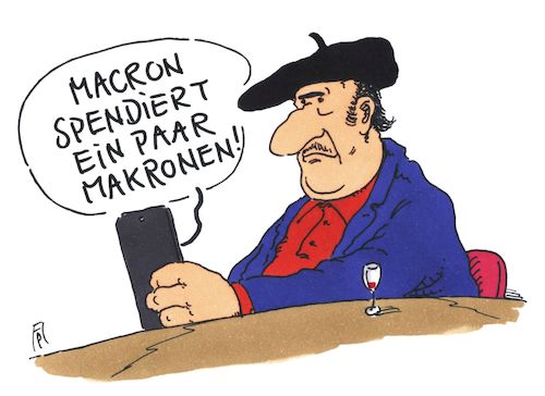 Cartoon: krümelig (medium) by Andreas Prüstel tagged frankreich,gelbwestenbewegung,macron,zugeständnisse,makronen,cartoon,karikatur,andreas,pruestel,frankreich,gelbwestenbewegung,macron,zugeständnisse,makronen,cartoon,karikatur,andreas,pruestel