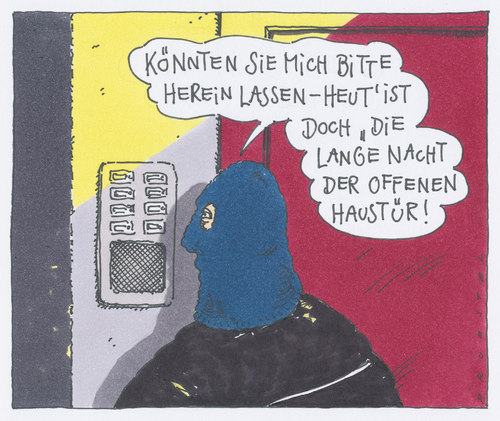 Cartoon: lange nacht (medium) by Andreas Prüstel tagged einbrecher,kommunaleaktivitäten,einbrecher,tage der offenen türe,verbrechen,kriminalität,einbruch,sicherheit,tage,der,offenen,türe