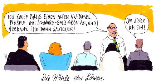 Cartoon: löwenhöhle (medium) by Andreas Prüstel tagged tv,vox,carsten,maschmeyer,vw,diesel,jamaika,sondierungsgespräche,koalition,regierungsbildung,programme,cartoon,karikatur,andreas,pruestel,tv,vox,carsten,maschmeyer,vw,diesel,jamaika,sondierungsgespräche,koalition,regierungsbildung,programme,cartoon,karikatur,andreas,pruestel