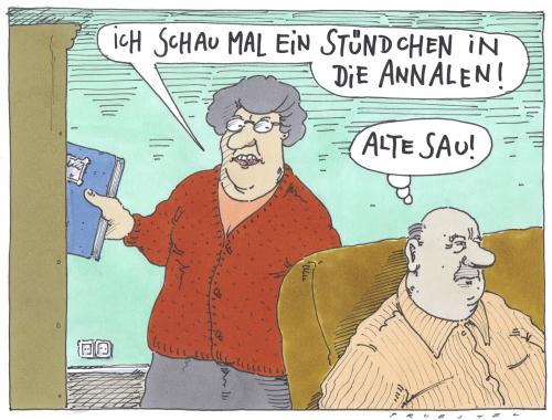 Cartoon: M denken immer nur an das eine (medium) by Andreas Prüstel tagged unverstand,geschichtsinteresse,jahresbericht,berichte,jahr,ereignisse,geschichte,vergangenheit,nachschlagen,zeitschriften,dokumentation,bücher,buch,lesen,literatur,annalen,anal,sex,sexualität,ehepaar,partnerschaft,ehe,beziehung,mann,frau,bildung,wissen