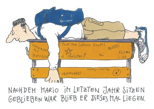 Cartoon: mario (medium) by Andreas Prüstel tagged schole,klassenzimmer,sitzenbleiber,versetzung,klassenzimmer,versetzung,bildung,wissen,schüler,schule,leistung,noten