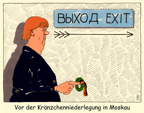 Cartoon: merkel in moskau (medium) by Andreas Prüstel tagged merkel,putin,jubiläum,kriegsende,kranzniederlegung,russland,deutschland,kränzchen,cartoon,karikatur,andreas,pruestel,merkel,putin,jubiläum,kriegsende,kranzniederlegung,russland,deutschland,kränzchen,cartoon,karikatur,andreas,pruestel