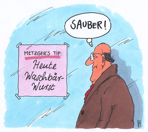 Cartoon: metzgers tip (medium) by Andreas Prüstel tagged metzger,fleischer,waschbär,waschbärwurst,cartoon,karikatur,andreas,pruestel,metzger,fleischer,waschbär,waschbärwurst,cartoon,karikatur,andreas,pruestel