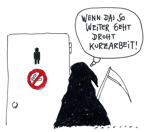 Cartoon: nachdenklich (medium) by Andreas Prüstel tagged tod,wc,rauchverbot,kurzarbeit,tod,wc,rauchverbot,kurzarbeit,rauchen,sterben,gesundheit