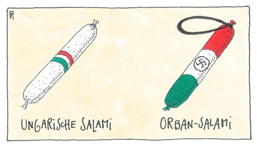 Cartoon: orban-salami (medium) by Andreas Prüstel tagged ungarn,viktor,orban,ministerpräsident,nationalismus,antisemitismus,karikatur,cartoon,ungarn,viktor,orban,ministerpräsident,nationalismus,antisemitismus,karikatur,cartoon