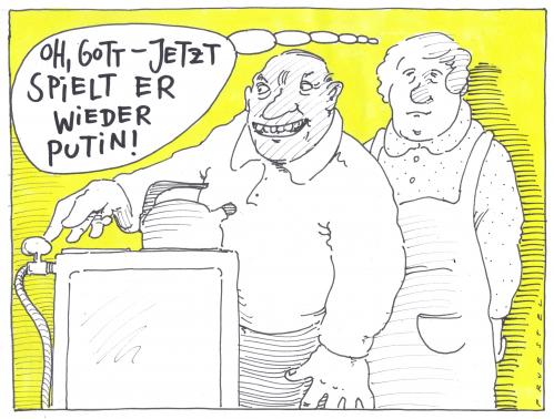 Cartoon: o.t (medium) by Andreas Prüstel tagged gaslieferungen,russland,putin,russland,ukraine,wladimir putin,gaslieferungen,gas,lieferung,ressourcen,rohstoffe,streit,krise,ehepaar,mann,frau,ehe,partnerschaft,küche,gasherd,herd,wladimir,putin