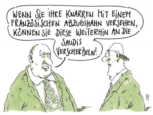 Cartoon: partnerrüstung (medium) by Andreas Prüstel tagged waffenexporte,krisengebiete,embargo,gemeinschaftsprojekte,rüstungsindustrie,saudi,arabien,cartoon,karikatur,andreas,pruestel,waffenexporte,krisengebiete,embargo,gemeinschaftsprojekte,rüstungsindustrie,saudi,arabien,cartoon,karikatur,andreas,pruestel