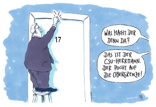 Cartoon: pochen (medium) by Andreas Prüstel tagged csu,bayern,bayernplan,bundestagswahl,innenminister,herrmann,flüchtlingspolitik,obergrenze,beharrung,cartoon,karikatur,andreas,pruestel,csu,bayern,bayernplan,bundestagswahl,innenminister,herrmann,flüchtlingspolitik,obergrenze,beharrung,cartoon,karikatur,andreas,pruestel