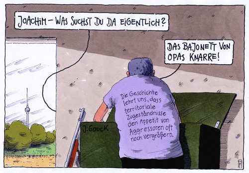 Cartoon: präsidenten-joachim (medium) by Andreas Prüstel tagged bundespräsident,joachim,gauck,rede,polen,westerplatte,danzig,zweiter,weltkrieg,opa,gewehr,knarre,bajonett,ukrainekonflikt,russland,putin,cartoon,karikatur,andreas,pruestel,bundespräsident,joachim,gauck,rede,polen,westerplatte,danzig,zweiter,weltkrieg,opa,gewehr,knarre,bajonett,ukrainekonflikt,russland,putin,cartoon,karikatur,andreas,pruestel