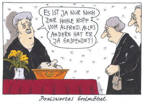 Cartoon: preiswertes erdmöbel (medium) by Andreas Prüstel tagged organspender,tod,trauerfeier,aufbahrung,sarg,organspender,tod,trauerfeier,aufbahrung,sarg,sterben