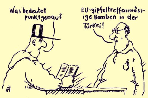 Cartoon: punktgenau (medium) by Andreas Prüstel tagged eu,europa,gipfeltreffen,glüchtlingskrise,türkei,bombenanschlag,cartoon,karikatur,andreas,pruestel,eu,europa,gipfeltreffen,glüchtlingskrise,türkei,bombenanschlag,cartoon,karikatur,andreas,pruestel