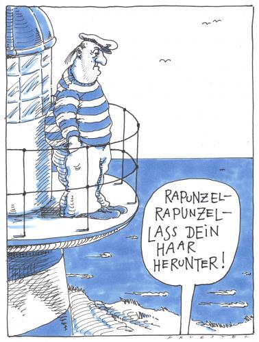 Cartoon: rapunzel (medium) by Andreas Prüstel tagged märchen,küste,leuchtturm,märchen,fabel,geschichte,kindermärchen,brüder grimm,kindergeschichte,küste,leuchtturm,turm,rapunzel,haare,missverständis,leiter,klettern,brüder,grimm